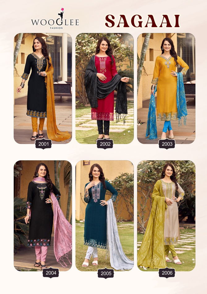 Sagaai By Wooglee Viscose Embroidery Kurti With Bottom Dupatta Wholesale Market In Surat